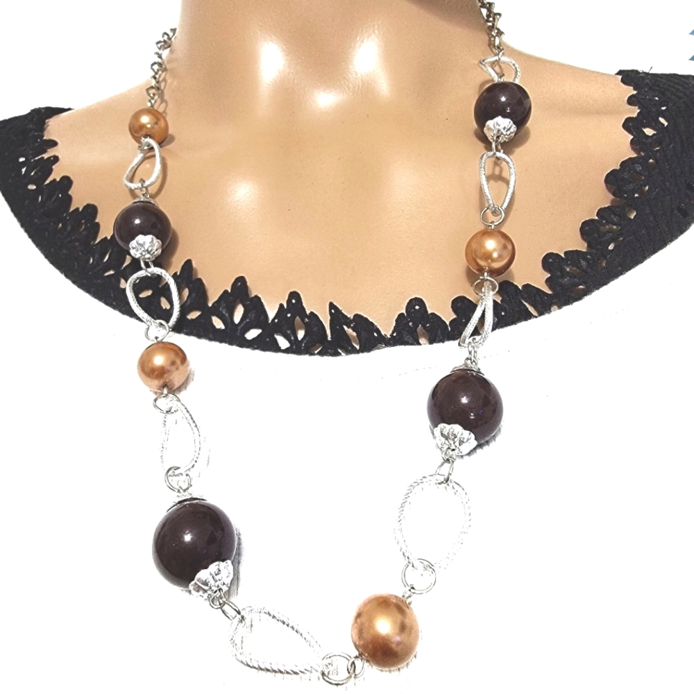 ``N925N423 Vintage Brown & Gold Beaded Necklace with Silver Accents